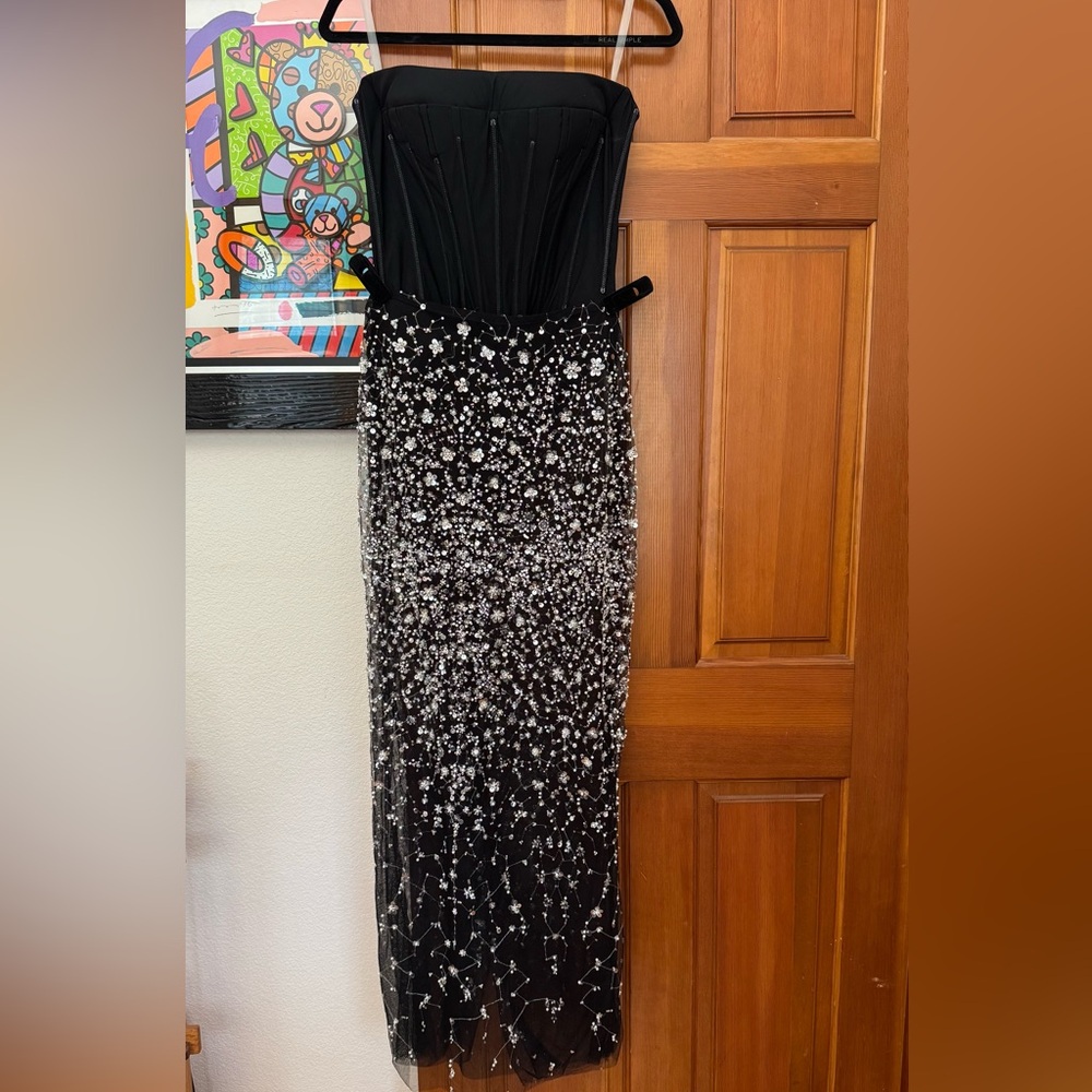 Milla Strapless Black and Silver Crystal Bustier Fitted Gown Large